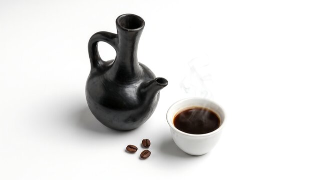 Traditional Ethiopian coffee ceremony set with clay pot and cup.