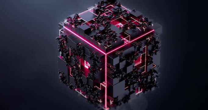 Futuristic black cube with glowing red circuitry briefly transforms and expands before rebuilding its geometric form as the camera moves closer.