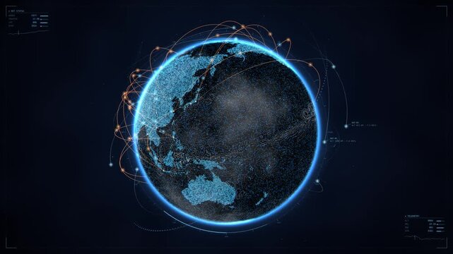 Rotating digital Planet Earth zooming in to Germany map with glowing orange outlines amidst a blue global network with integrated data visualization for high-tech projects.