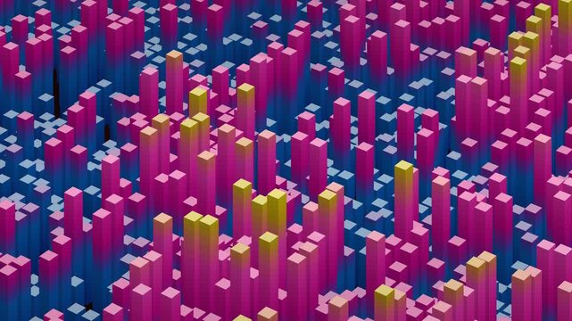 3d bar charts rising and falling, vibrant digital data city of abstract 3D blocks pulsating, modern, dynamic, loopable background
