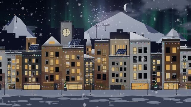 New Year celebration with fireworkls, picturesque winter city street illuminates at night with festive lights and falling snow, creating a magical holiday atmosphere
