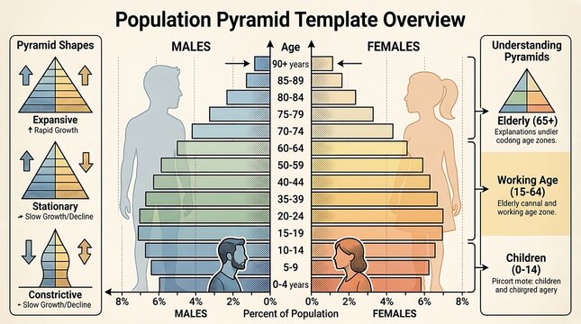 Population pyramid template with demographic age and gender data