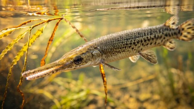 longnose gar underwater close up at morning light in florida usa freshwater river video
