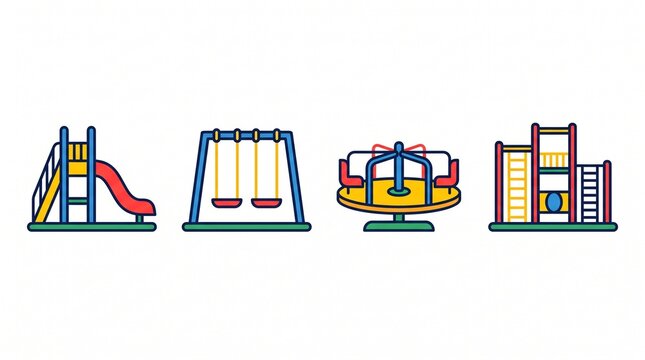 Kids outdoor playground equipment vector icon set slide swing merry go round and climbing frame