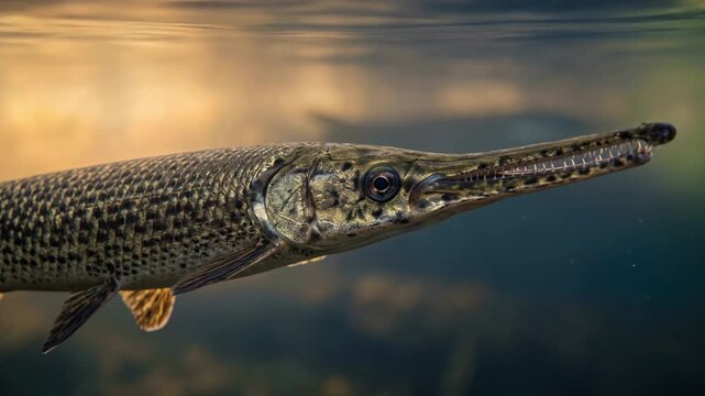 longnose gar underwater close up at morning light in florida usa freshwater river video