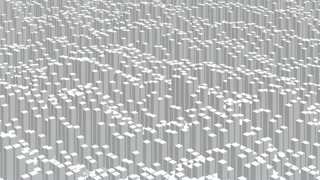 3d bar chart, dynamic abstract data visualization background, loopable repeating undulating pattern of grey geometric blocks, perfect for modern digital animation