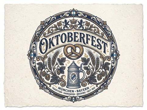 Intricate vintage circular Oktoberfest emblem featuring detailed filigree engraving, beer stein, pretzel, hops, wheat stalks, and lions on textured handmade paper background.