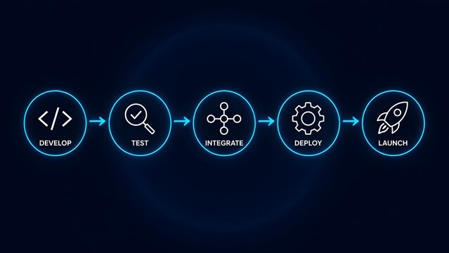 Software development lifecycle diagram showing glowing icons for develop test integrate deploy and launch phases