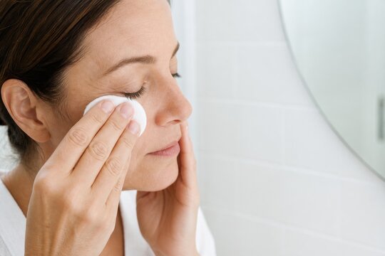 Woman using cotton pad to clean skin under eye