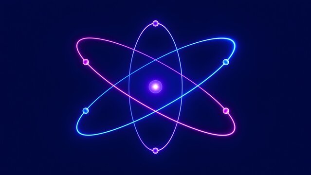 Glowing neon atom model with orbiting electrons in pink and blue representing nuclear physics and quantum science concept