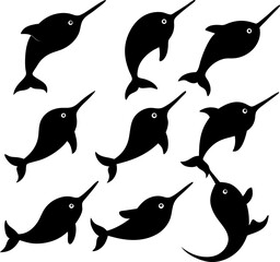 Collection of nine black silhouette of narwhals swimming in different poses, isolated on a white background © Parvin