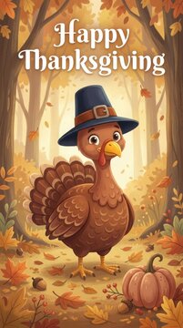 Cute cartoon turkey wearing pilgrim hat in autumn forest with falling leaves