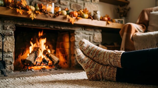 Person relaxing with warm wool socks by a cozy autumn fireplace at home