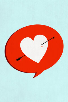 Illustration of heart pierced by arrow inside red speech bubble