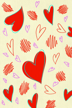 Pattern of red and purple hearts and scribbles in digital illustration