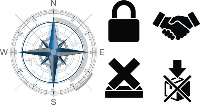 Navigation Compass and Logistics Security Vector Icon Set with Handshake, Padlock, and Packaging Warning Symbols