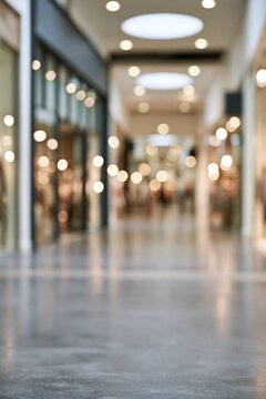 Blurred modern shopping mall corridor with bright lights