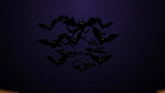 Animation Ghost flying with candies bats flocking and glowing text greeting on a dark purple background with orange holiday greeting halloween Video.