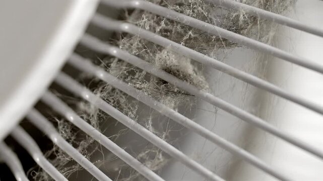 Dusty white fan grille and blades sit in soft indoor light inside a room.