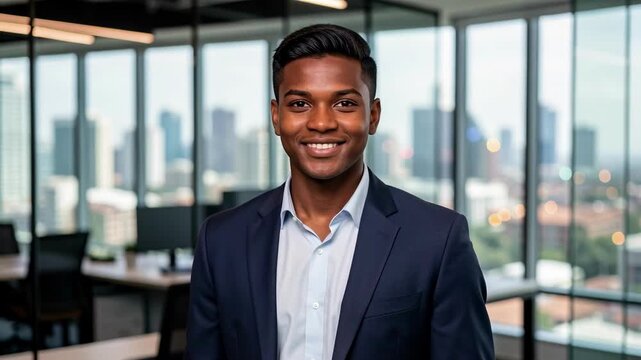 Confident Businessman Smiling in Modern Office.
