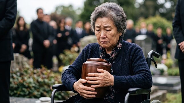 Elderly Asian woman in a wheelchair holding a funeral urn with a solemn expression, representing grief, remembrance, loss, dignity and end-of-life memorial traditions.