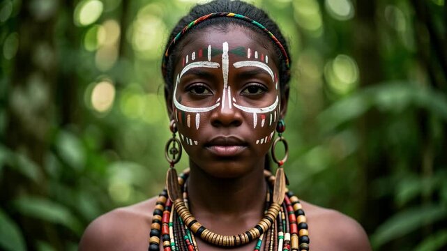 Indigenous Portrait with Tribal Face Paint and Beads.
