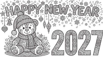 Fototapeta premium Happy New Year 2027 coloring page with a cute teddy bear wearing a winter hat and scarf