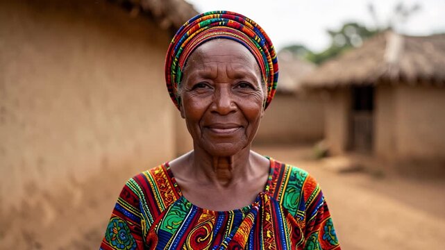 Smiling African Elderly Woman in Village.
