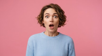 Fototapeta premium Surprised Young Woman with Mouth Open and Wide Eyes Expressing Shock Against Pink Background