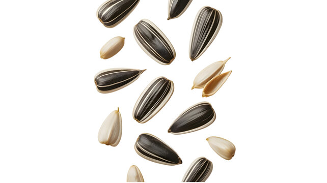 Falling organic sunflower seeds showing detailed striped husks and raw kernels isolated on transparent background