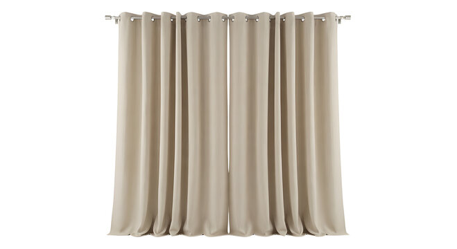 Elegant beige fabric curtains hanging on a metal rod isolated on black background