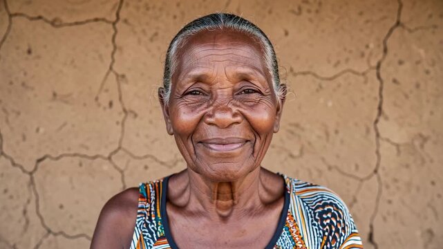 Smiling Elderly Woman Portrait Against Rustic Wall.