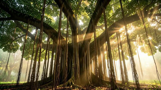 Sunlit Banyan Forest With Hanging Roots.