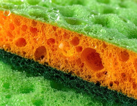 Extreme close-up of a multi-layered cleaning sponge with water droplets