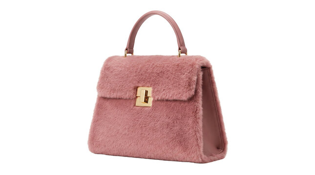 Elegant dusty pink faux fur handbag featuring a polished gold metallic clasp closure and smooth matching leather handle set against a clean white background for high end luxury fashion photography.