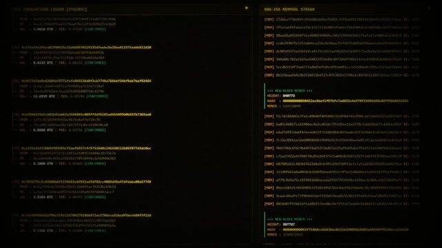 Cryptocurrency blockchain transaction ledger and mempool stream on a futuristic digital HUD screen display