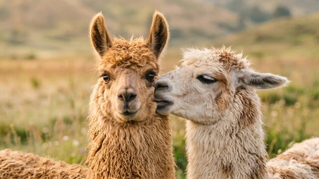 two llamas close up at morning light in andes mountains peru video