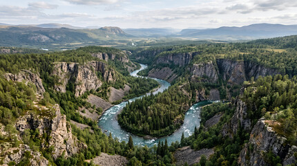 Fototapeta premium River winds through a lush green valley surrounded by steep canyon cliffs.
