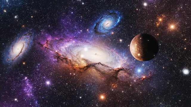 Abstract 3D rendering of a transparent glass cube floating in deep space containing a miniature spiral galaxy and cosmic nebula with bright core against a dark starfield background.