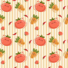 Fototapeta premium Cute Tomato Carrot and Chili Pepper Seamless Pattern on Striped Yellow Background Vegetable Vector Illustration