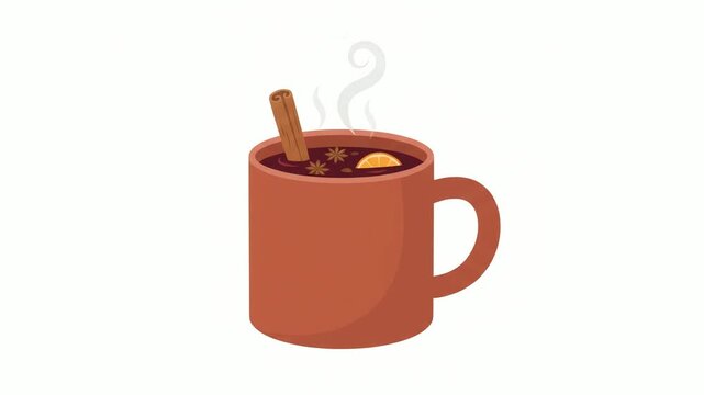 Mug filled with hot spiced cider featuring a floating cinnamon stick and steam rising against a plain white background in a clean graphic vector style composition.