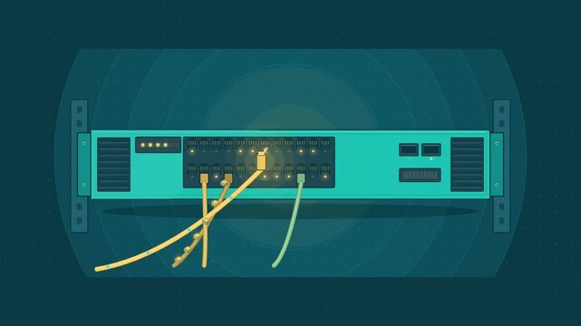 Abstract animated network switch ports linking drawn as cyan and teal lines and shapes on a deep dark background. Seamless looping 4K motion graphics video with free space for text, ideal for technolo