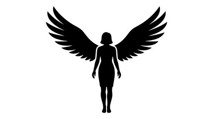 Naklejka premium Black silhouette of a woman with large angel wings spread wide open, representing freedom, spirituality, divinity, and supernatural power in a minimalist vector graphic design