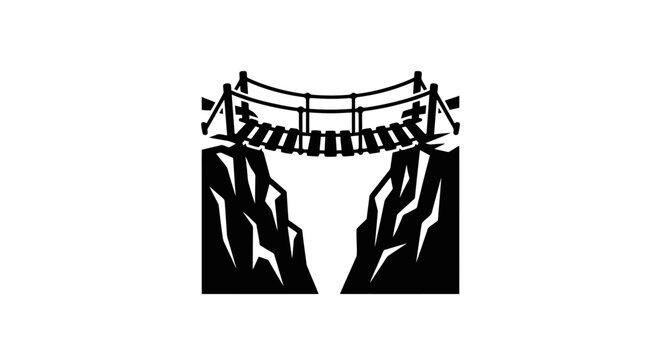Black and white icon of a suspension rope bridge crossing a deep canyon or chasm between two rocky cliffs, symbolizing adventure, travel, risk, and outdoor exploration in vector design
