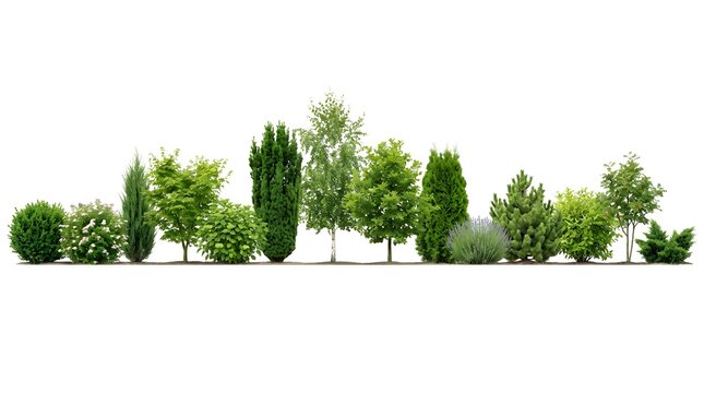 Row of various green trees and bushes isolated on a white background