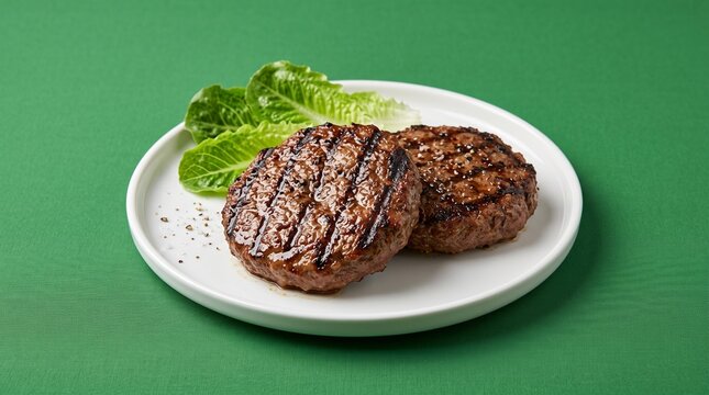 Grilled beef burger patties featuring charred lines and seasoning on a clean white round ceramic plate served with fresh green romaine lettuce leaves studio lighting