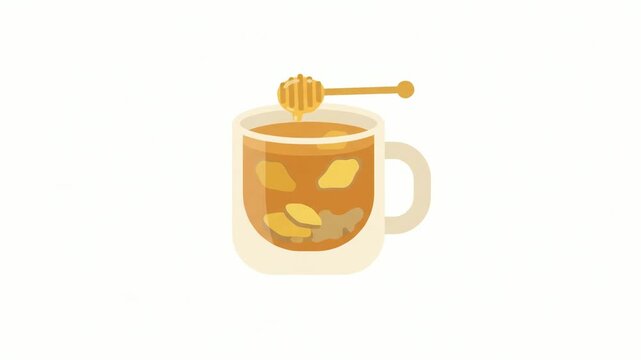 Honey dripping from a wooden dipper into a ceramic mug filled with tea and ginger slices creates a warm and comforting composition on a white background.