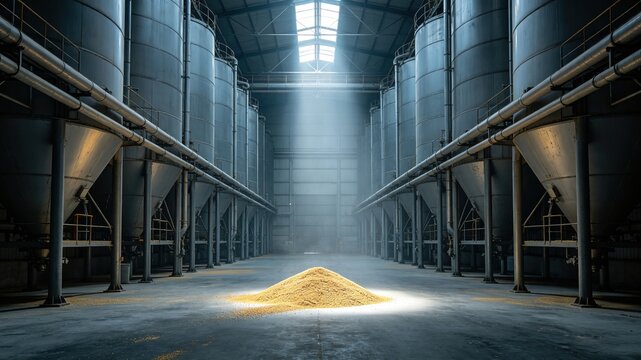 Interior of massive industrial grain‑storage silo facility with tall metal silos,ideal for farming‑industry reports, grain‑supply articles, food‑security banners, agribusiness promotions.