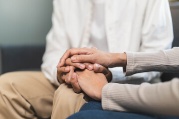 Mental health monitoring and therapy concept. Boyfriend consoling his anxious girlfriend and...