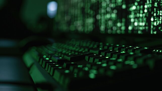 Closeup of backlit keyboard with green code display